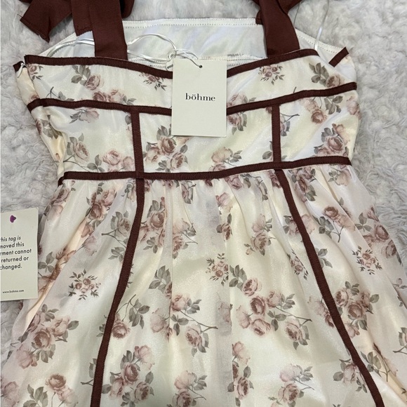 Bohme Cream with Print Floral Midi Dress  Tight Straps with Brown Trim - Picture 4 of 10